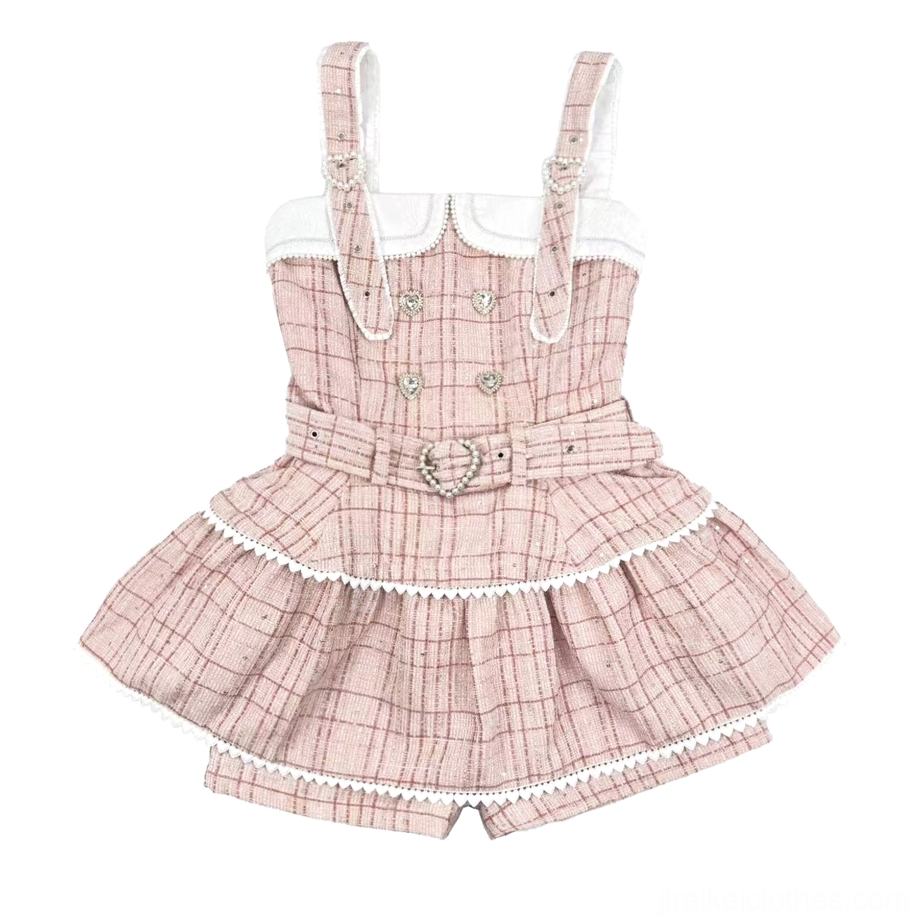 Pink plaid Jirai Kei suspender skirt with ruffled edges and heart-shaped buckle, front full-body styling view