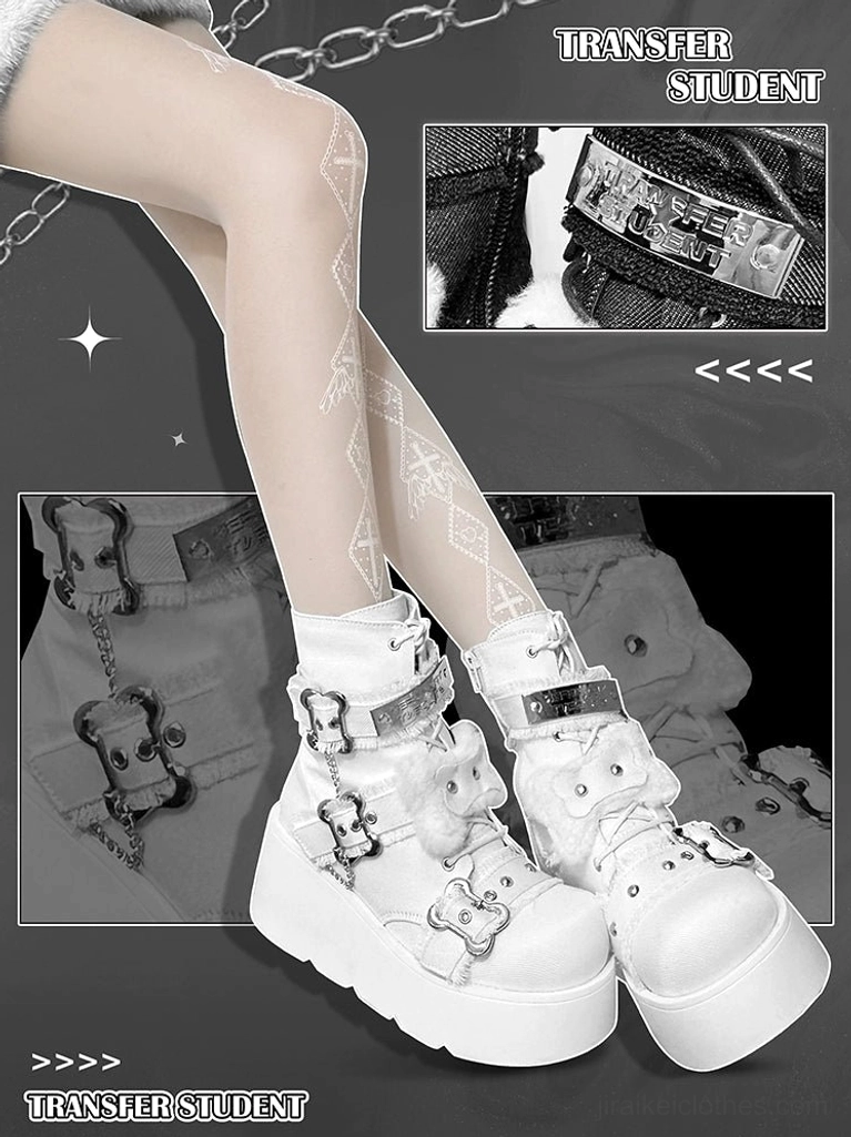 Pink platform Martin boots detail view of plush decorations, metal buckles, denim texture on platform sole - Jirai Kei sweet-dark aesthetic