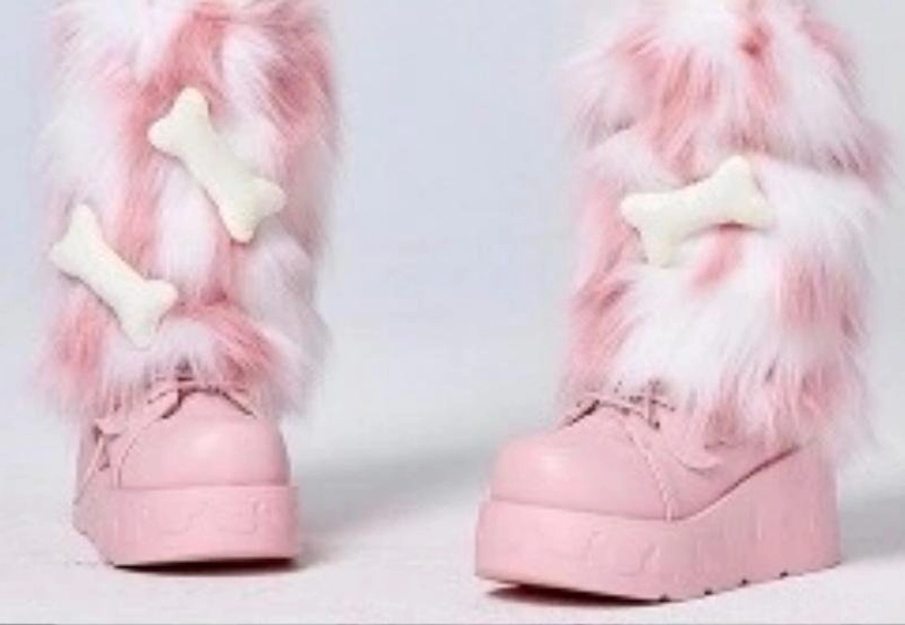 Pink plush leg warmers Y2K Jirai Kei standalone option white bone accents punk-cute fusion alternative fashion piece