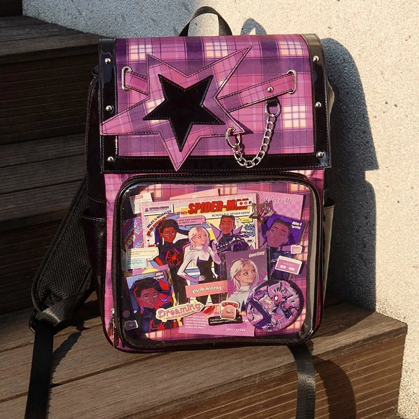 Pink-purple plaid star ita backpack convention lifestyle with full anime badge collection display