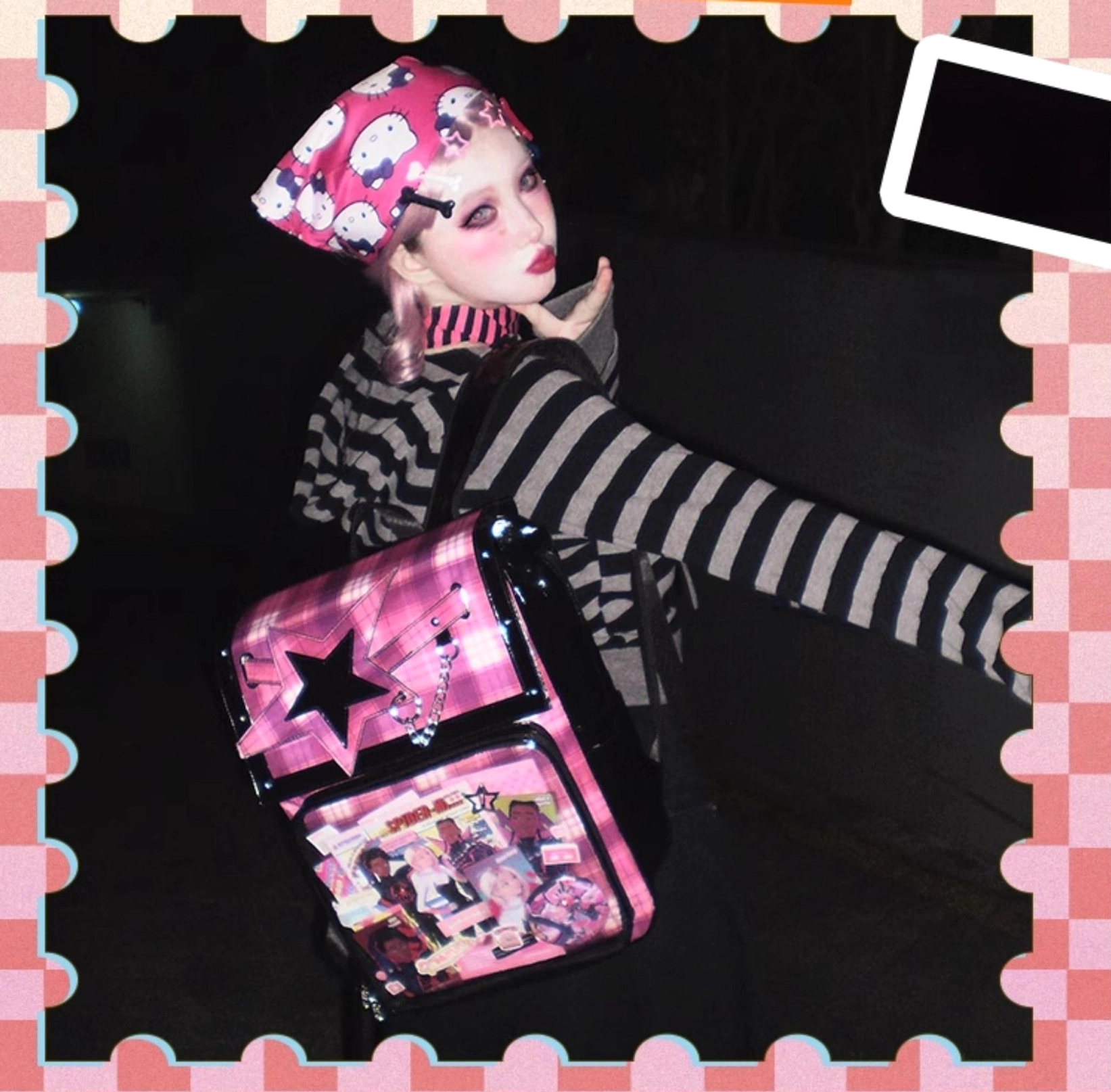 Pink-purple plaid star ita backpack straps and shoulder carrying comfort design demonstration