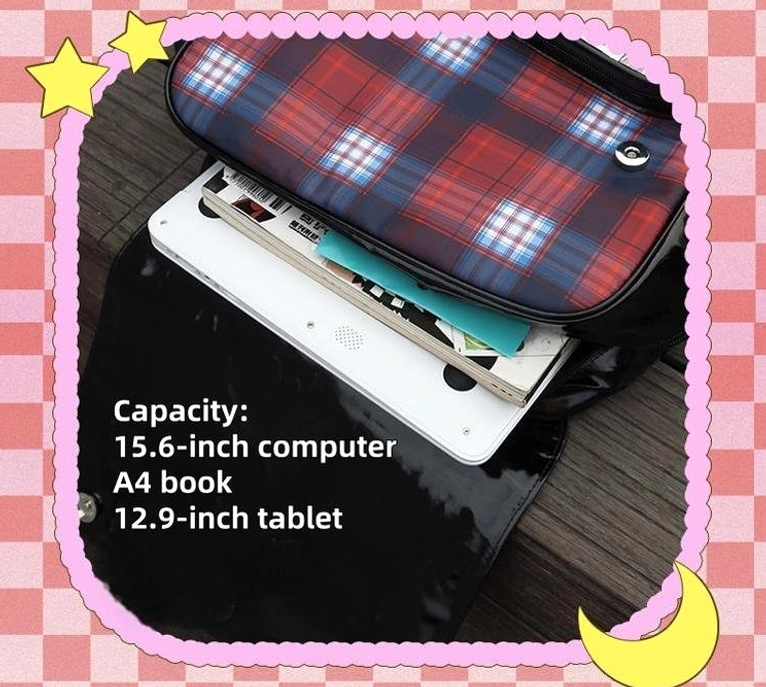 Pink-purple tartan star ita backpack carrying by model showing practical capacity and comfort design