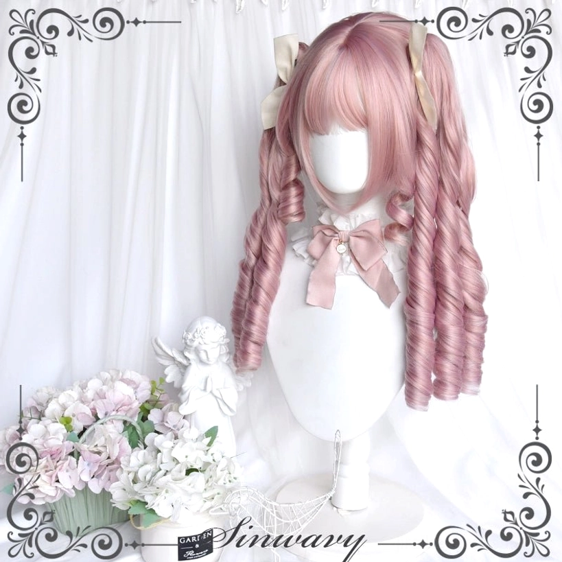 Pink double ponytail Roman curl wig full display on mannequin with matching beige side bows and pink neck bow showing complete curl structure and styling possibilities