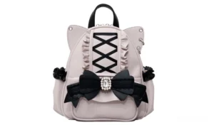 Pink Ryousangata cat ear gothic backpack featuring ruffled trim, cross-lacing design and black gem-embellished bow - Jirai Kei fashion backpack front display