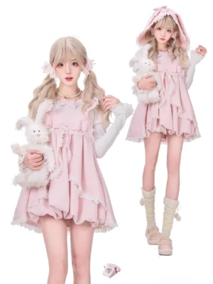 Split comparison of pink ryousangata lolita dress styled with and without detachable bunny ear hood, showing full-body front view with white ribbed knit inner top sleeves and bubble skirt silhouette