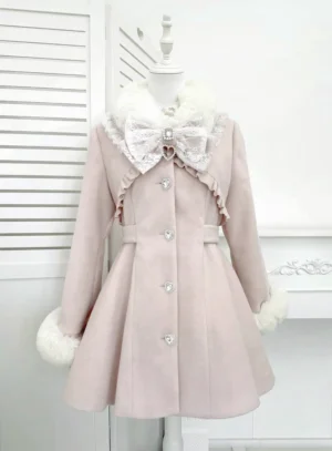 Pink Ryousangata Jirai Kei winter coat featuring crystal heart-shaped buttons, luxurious fluffy fur trim, lace bow decoration, and elegant A-line skirt hem