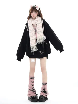Pink star knit leg warmers full body front view black star lacing metal ring decorations aesthetic