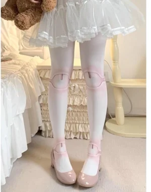 Pink velvet articulated doll joint print Jirai Kei Lolita tights front low-angle leg display bedroom setting white-pink gradient sheer fabric knee joint prints