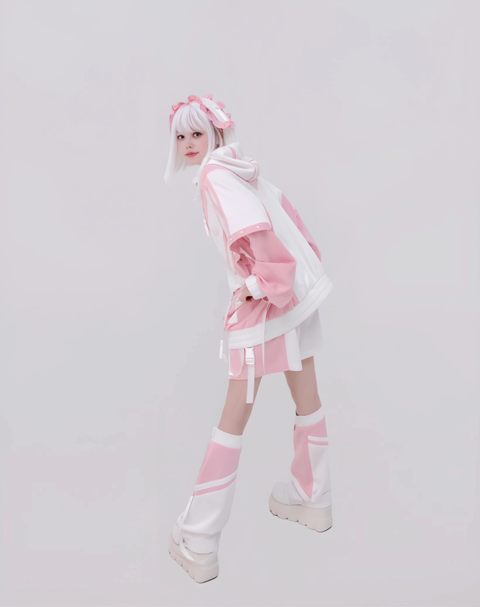Pink-white color-block hooded jacket with elastic waistband drawstring and ribbon accents on short bottoms