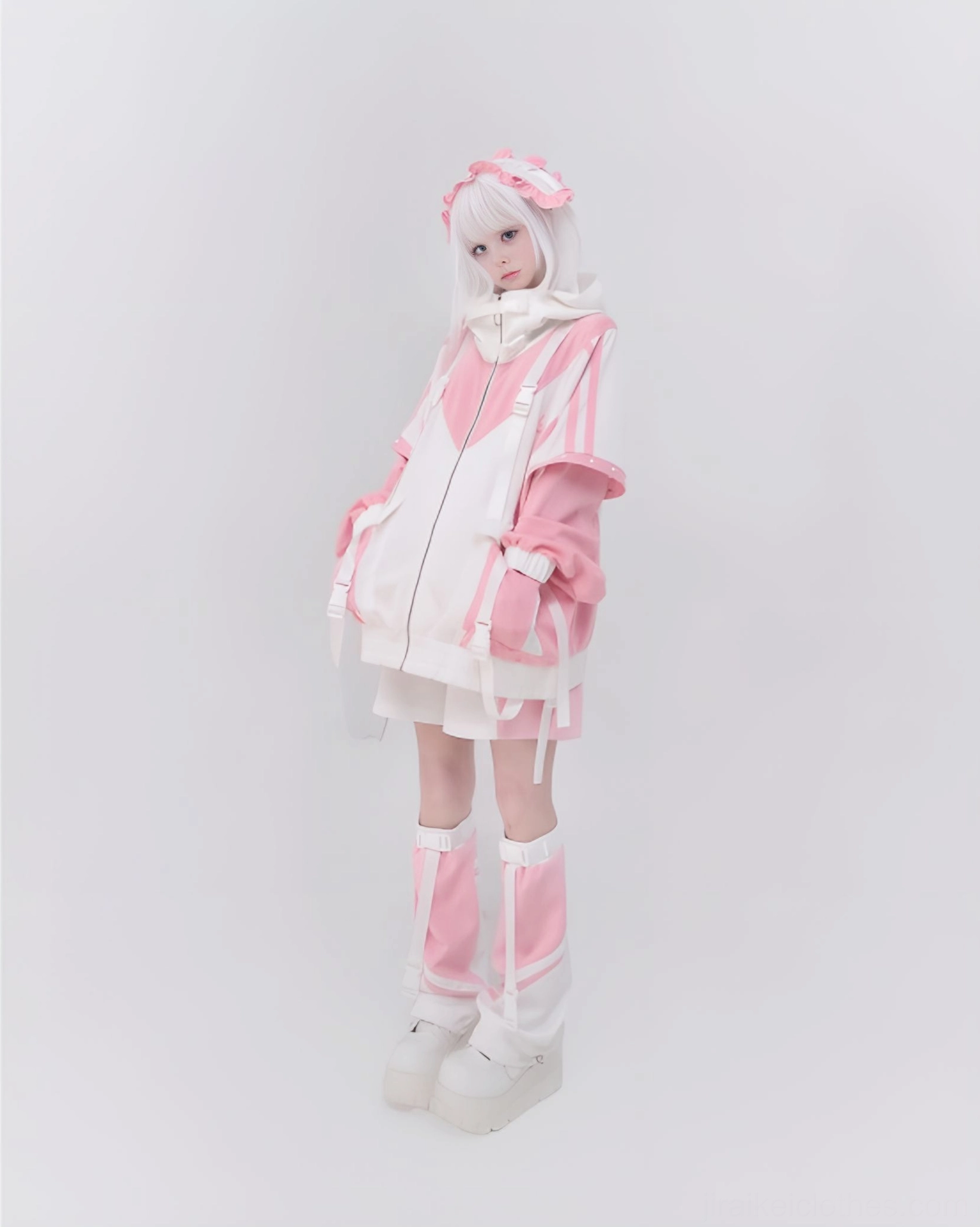 Pink-white Jirai Kei sporty coordinate set jacket shorts and leg warmers with matching accessories