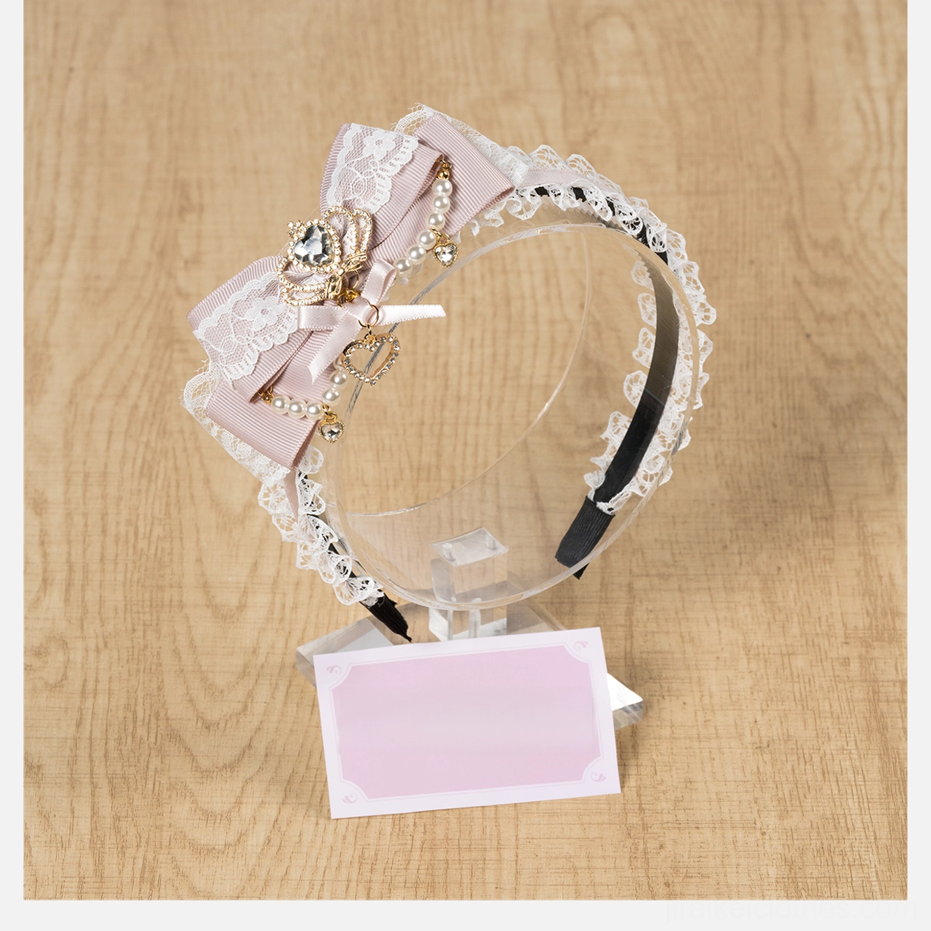 Pink and white ryousangata lace bow headband product showcase delicate lace trim rhinestone details