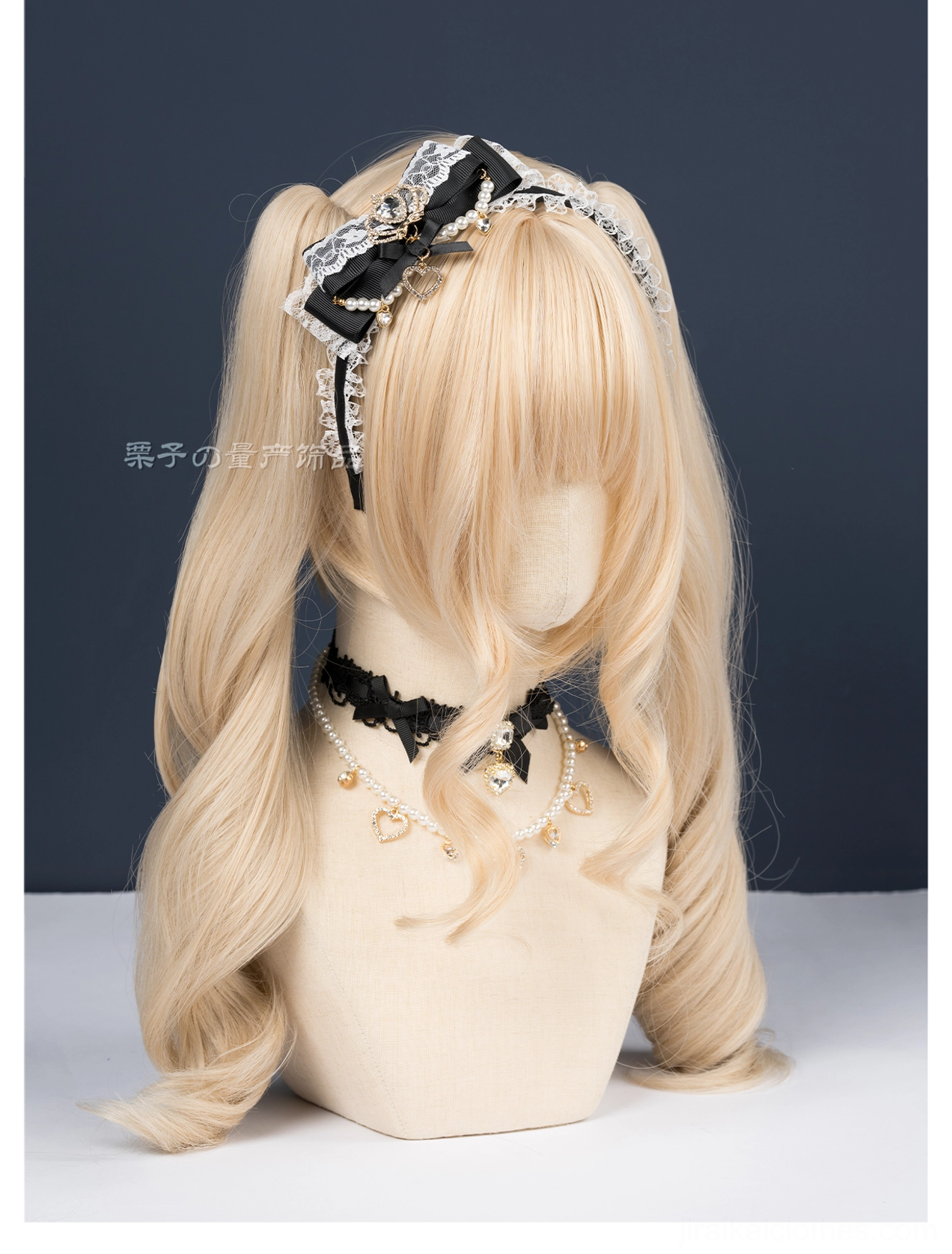 Pink and white ryousangata plush bow headband close-up front detail soft material pearl accents