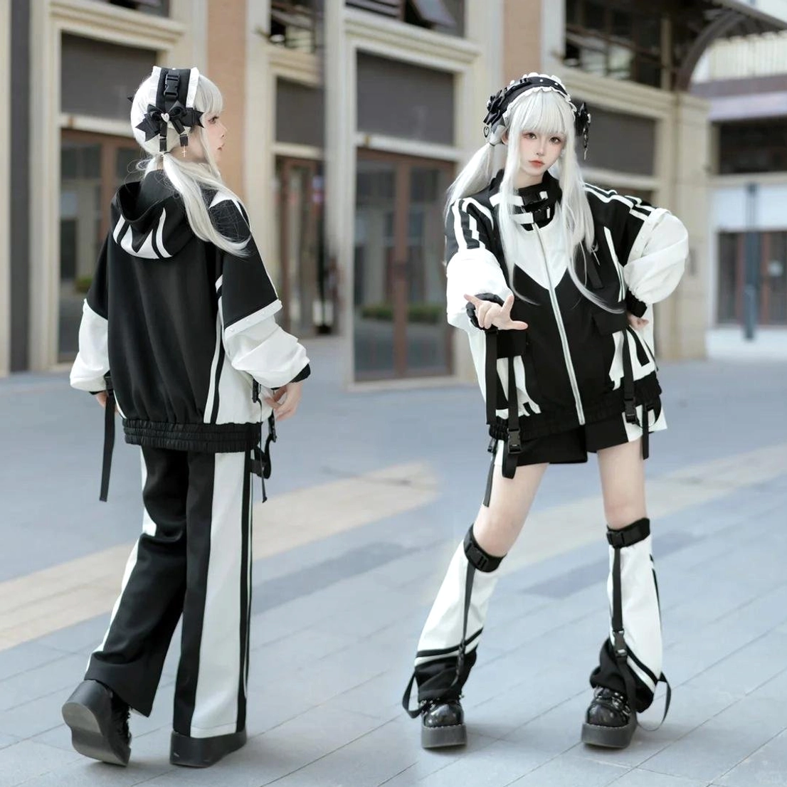 Pink-white techwear sporty set showing contrast stitching and structured silhouette on model