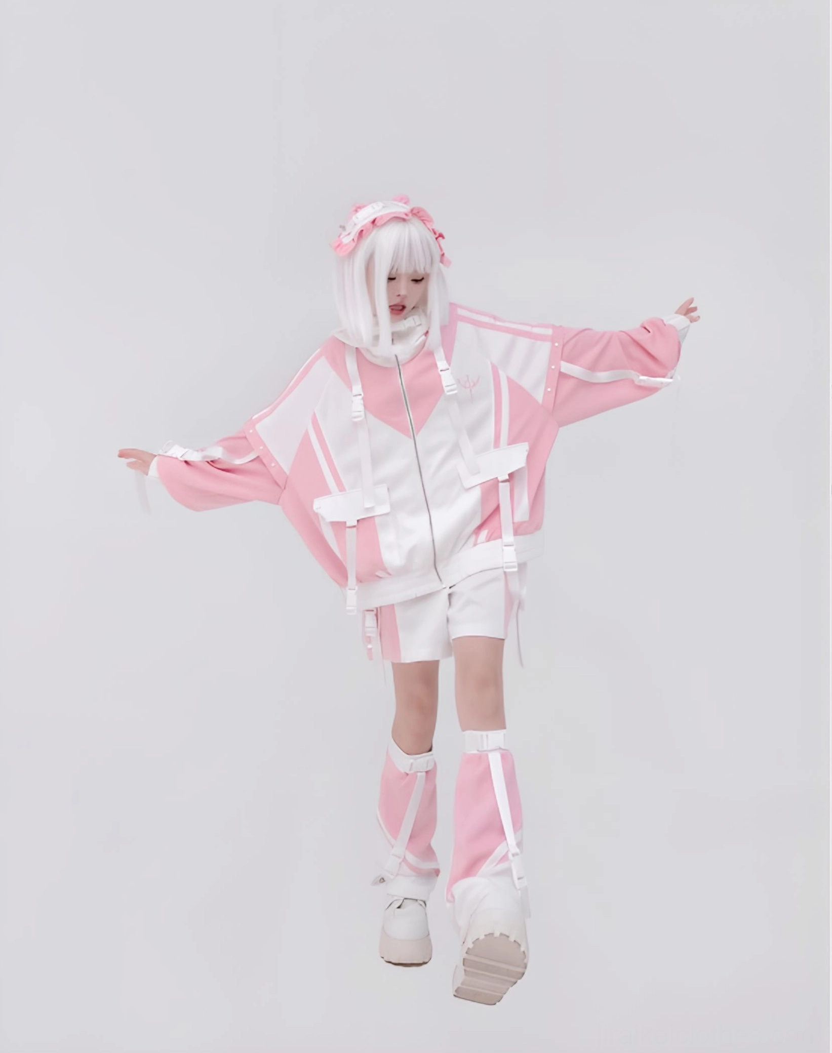 Pink-white Tenshi Kaiwai sporty set full coordinate jacket shorts leg warmers headwear front view