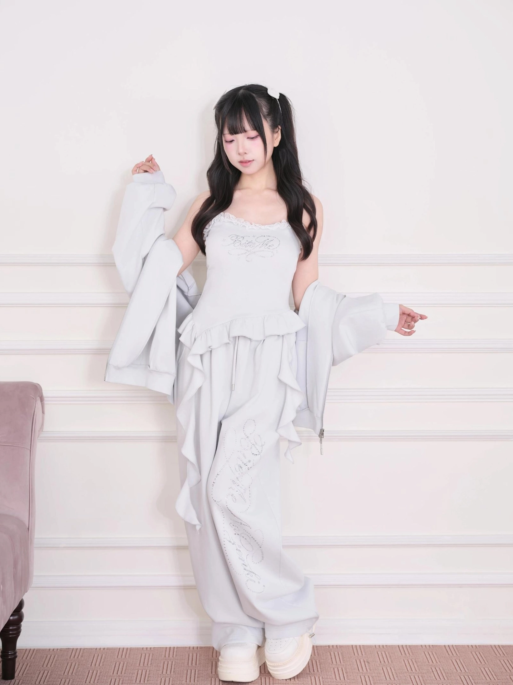 Pink zip-up hoodie jacket with embroidered side detail over matching sweatpants - Jirai Kei casual streetwear back view
