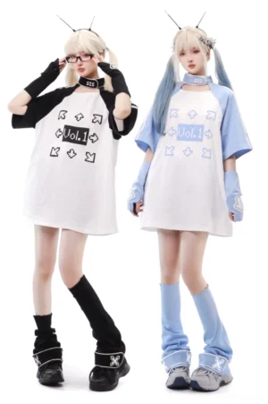 Pixel art Tenshi Kaiwai t-shirt with hollow-out design buckle collar choker front view black white oversized tee