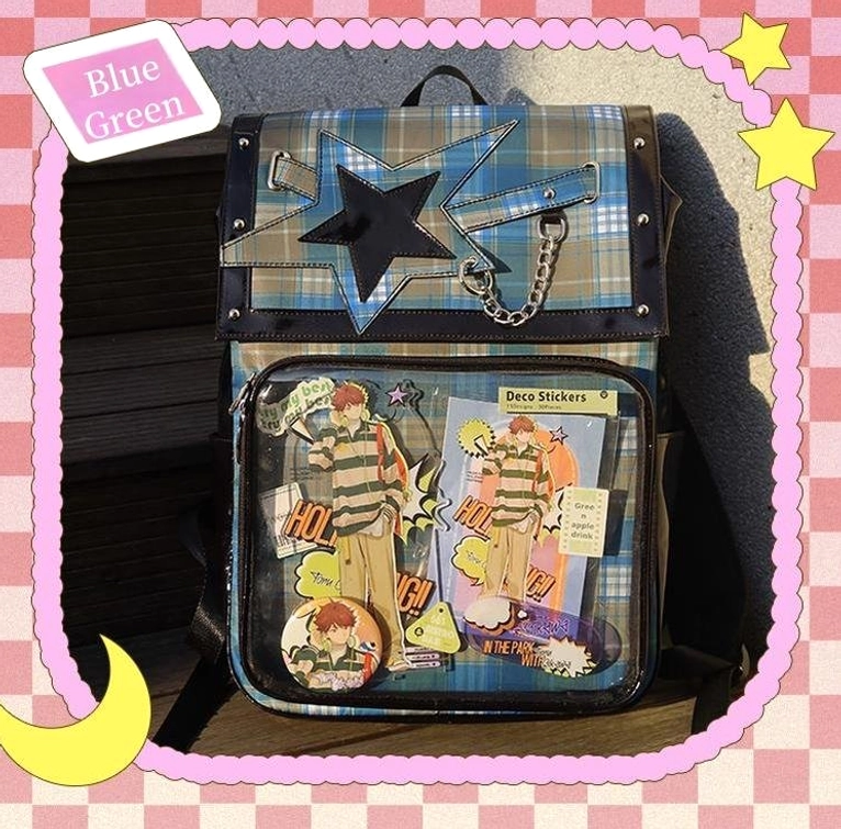 Plaid star ita backpack back compartment with zippers and side pocket organization storage solutions