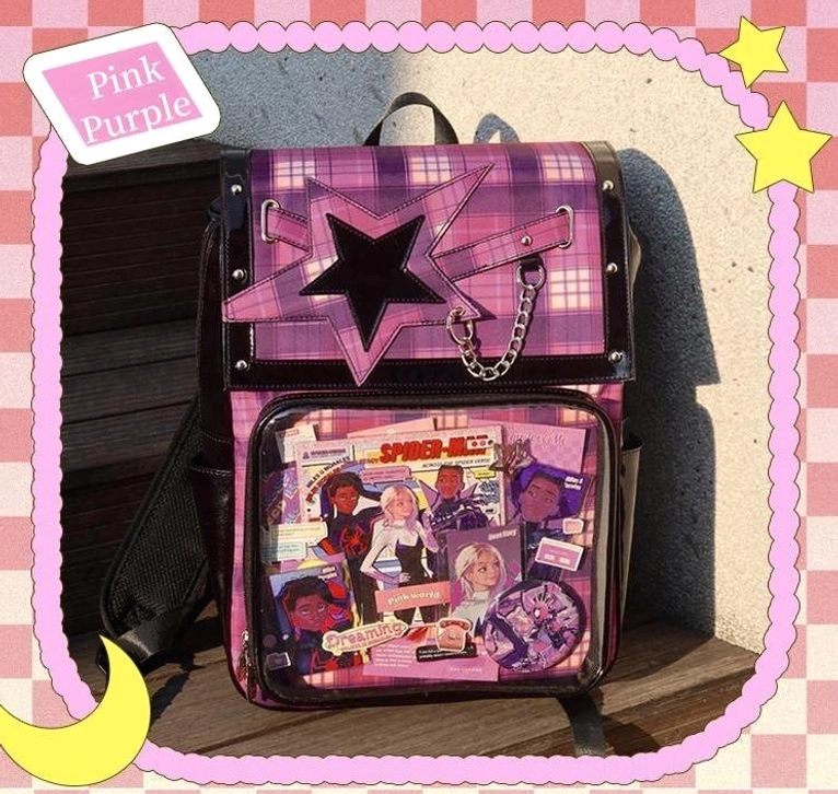 Plaid star ita backpack exterior customization with metal chain and logo badge embellishments