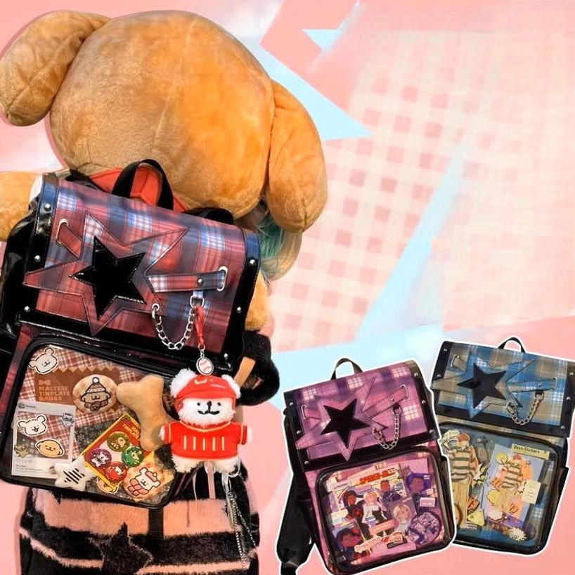 Plaid star ita backpack storage capacity demonstration with organized anime collectibles arrangement