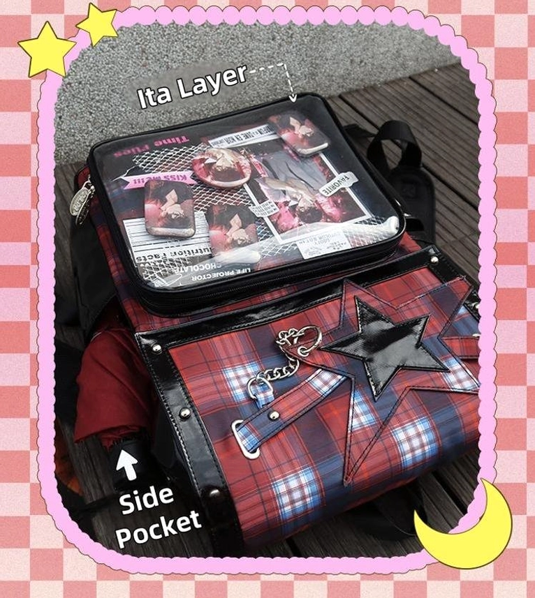 Plaid star ita backpack transparent window close-up showing acrylic clarity and badge arrangement
