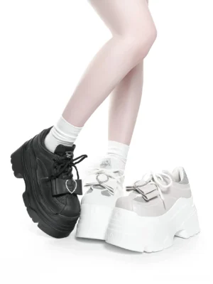 White and light gray lace-up platform sneakers with detachable bow decor side rear view jirai kei