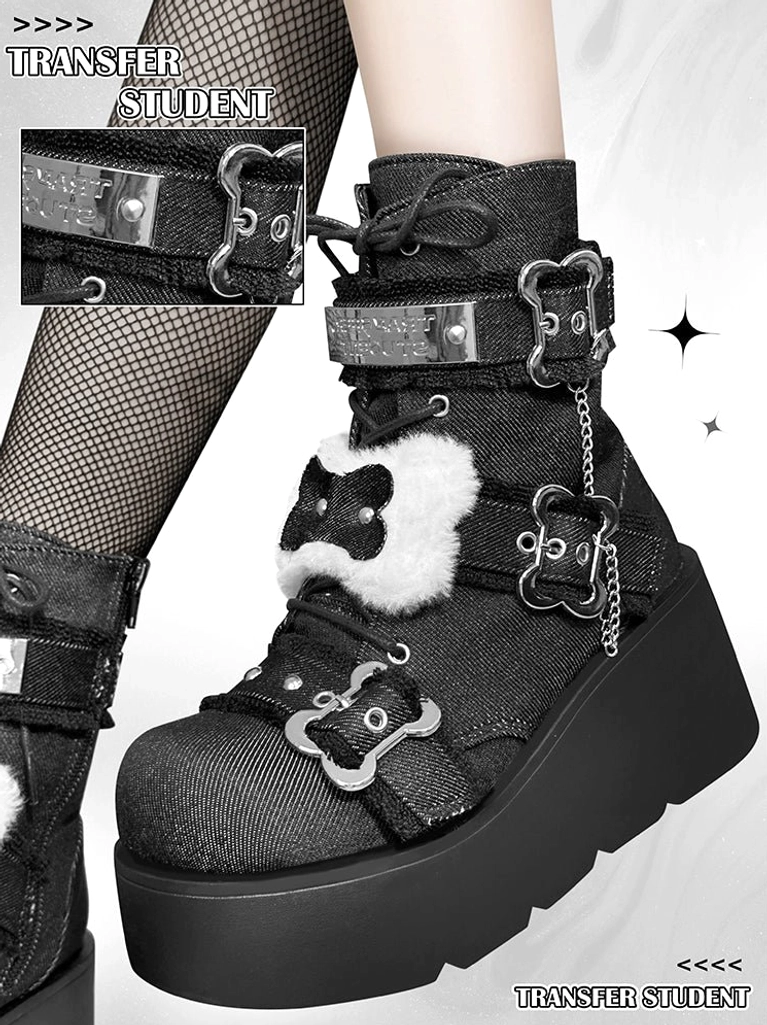 Platform Martin boots detailed view of bone decorations, metal buckle hardware, round toe platform sole structure - Jirai Kei subculture footwear design