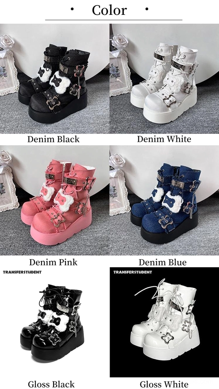 Platform Martin boots color comparison showing denim black white pink blue with gloss black white variants