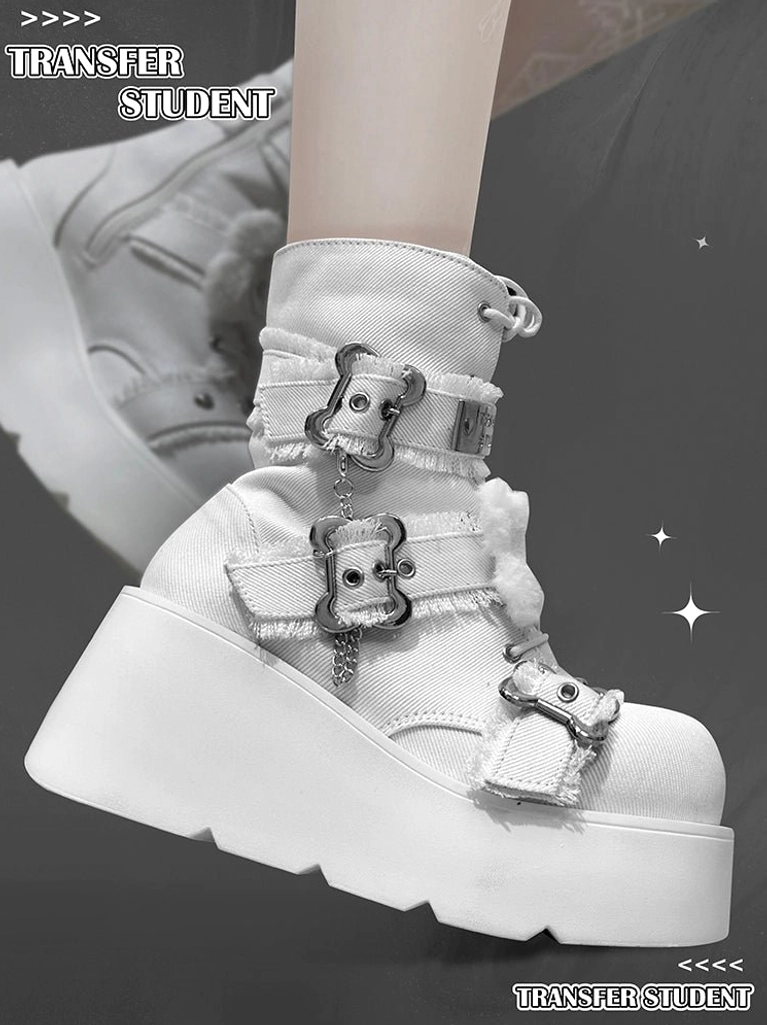 Platform Martin boots lacing system detail with metal hardware, bone decorative elements, round closed toe structure - Jirai Kei subculture design