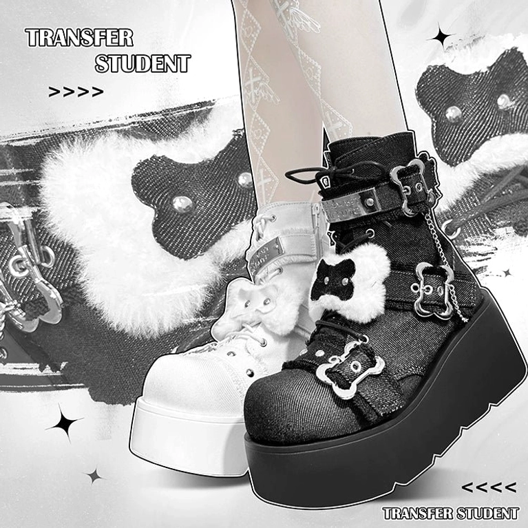 Platform Martin boots shaft detail showing metal rivets, buckle closures, adjustable circumference mechanism on mid-calf section - subculture boot construction