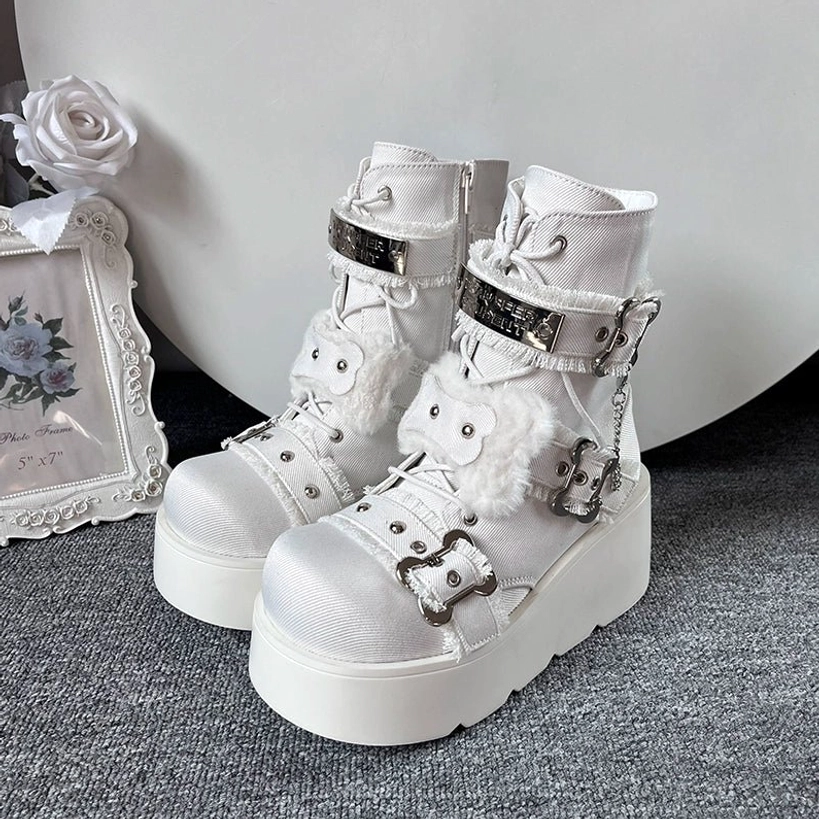 Platform Martin boots size range display showing EU sizes 34-40, color variations denim and gloss finishes - subculture footwear sizing