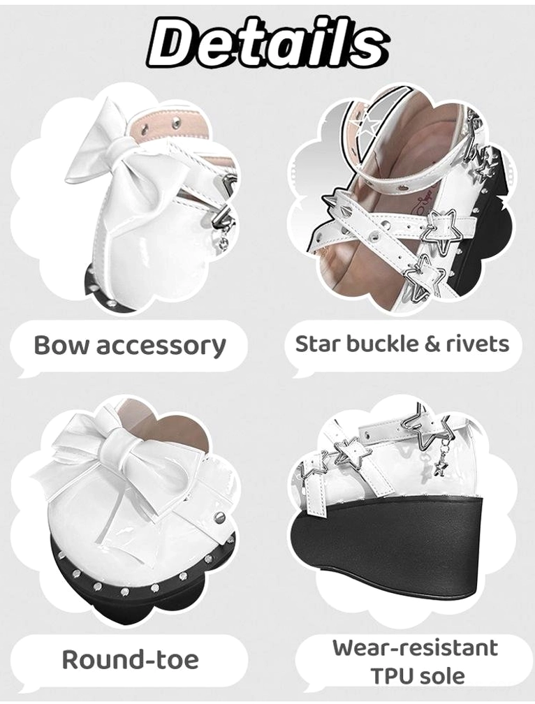 Platform Mary Jane shoes color swatch comparison displaying black patent leather and white patent leather finishes with star buckle and bow accent details