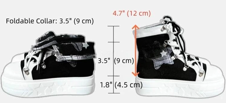 Product specification diagram of foldable collar platform high-top shoes displaying collar mechanism and overall height size measurements from side and folded perspectives