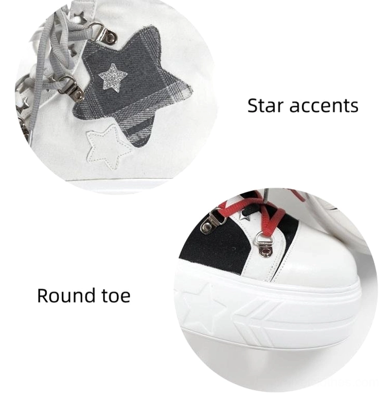 Platform canvas sneaker design detail showing star-shaped canvas decoration accents, rounded rubber toe cap, and star-embossed PU platform sole