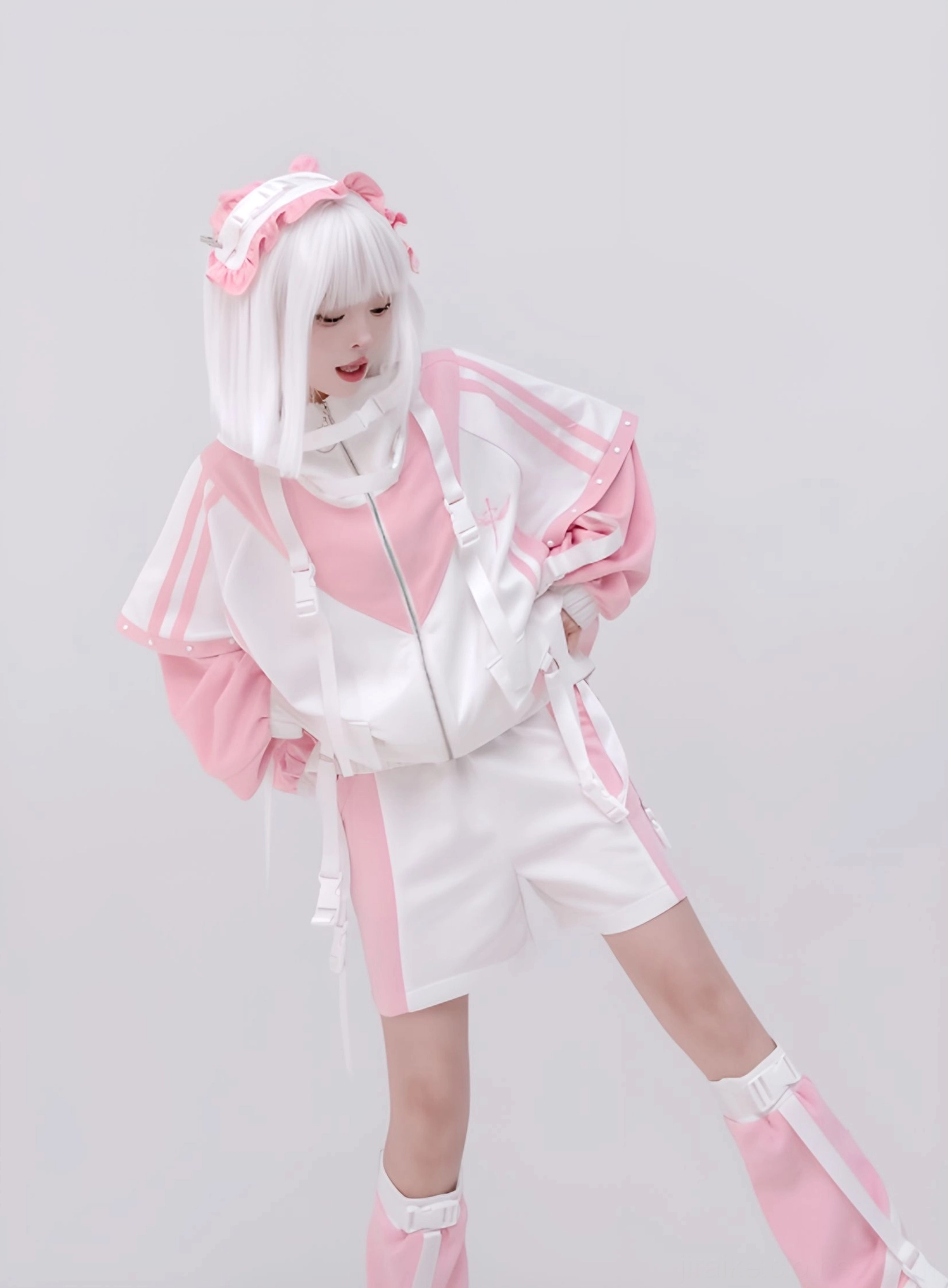Plus size sporty shorts with elastic waistband drawstring and ribbon side accents Jirai Kei styling