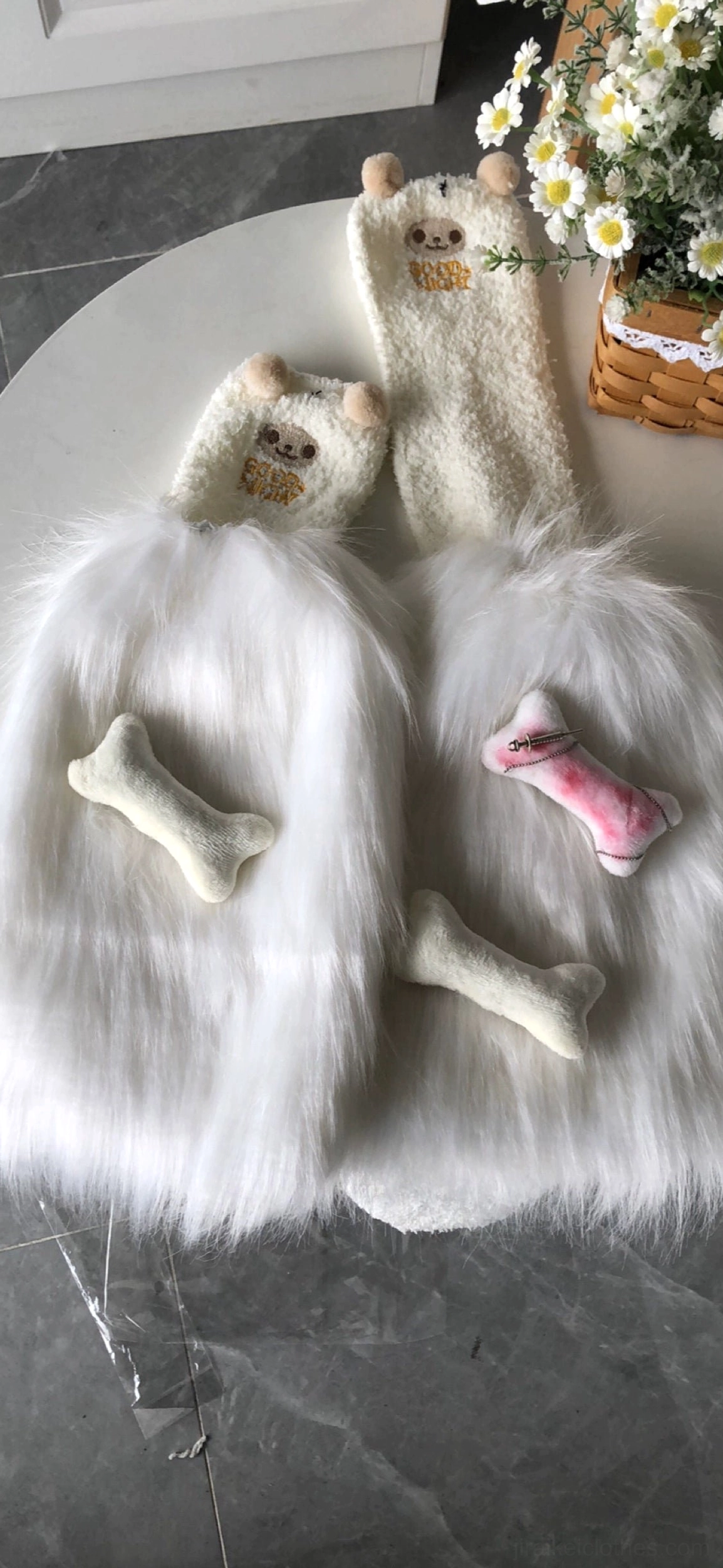 Jirai Kei leg warmer texture detail close-up white bone embellishments plush material Y2K punk fashion quality showcase