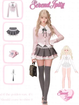 Model wearing long-sleeve pink preppy blouse and gray pleated skirt Jirai Kei ensemble with thigh-high socks and leather handbag, full-body front view with product thumbnails and illustrated character on plaid background