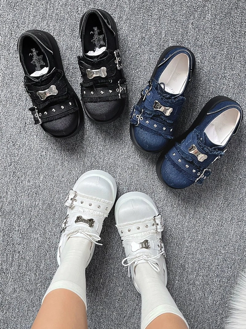 Punk platform loafer jirai kei slip-on shoes top-down view ankle socks white black denim blue bone metal buckles straps