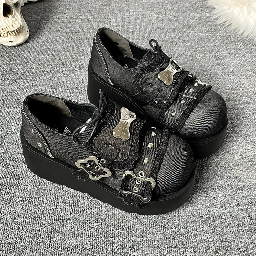 Punk platform loafers jirai kei denim black color variant close-up bone buckles metal hardware rivets visual kei punk