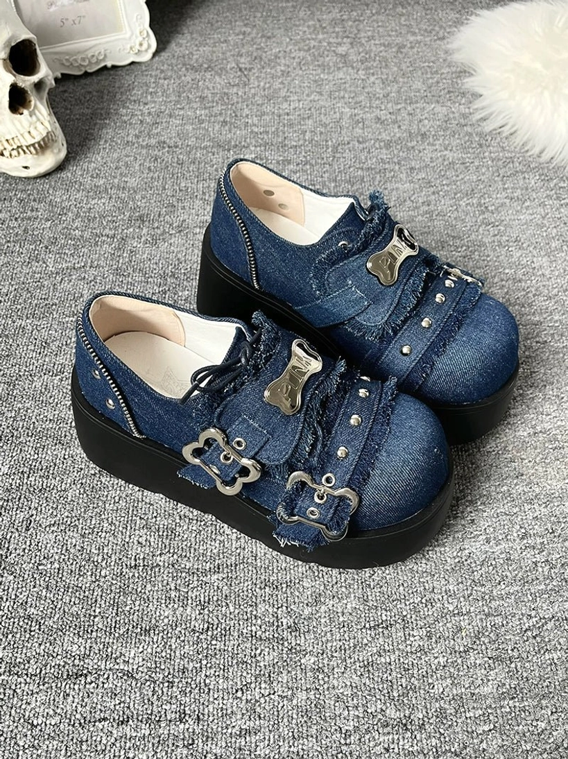 Punk platform loafers jirai kei denim blue color close-up metal embellishments rivets bone buckles upper design