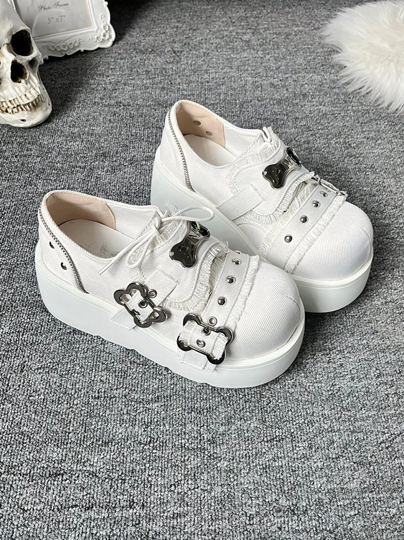 Punk platform loafers jirai kei denim white soft chaos aesthetic light rebellion Y2K nostalgic cool style