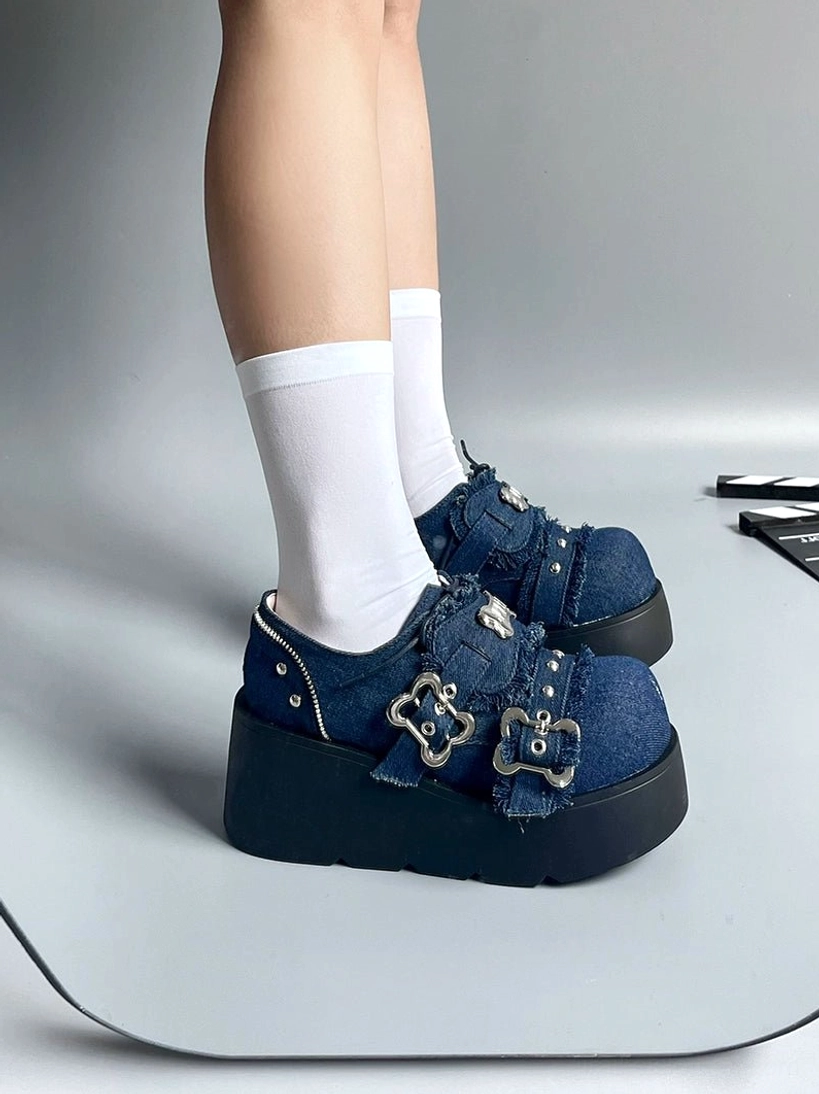 Punk platform shoes jirai kei slip-on denim material texture waterproof upper patent leather contrast details