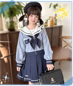 Puppy Jirai Kei sailor JK uniform blouse and skirt set full-body frontal view featuring bone embroidery puppy brooch and coordinating bow tie indoor cafe aesthetic twin-tailed girl