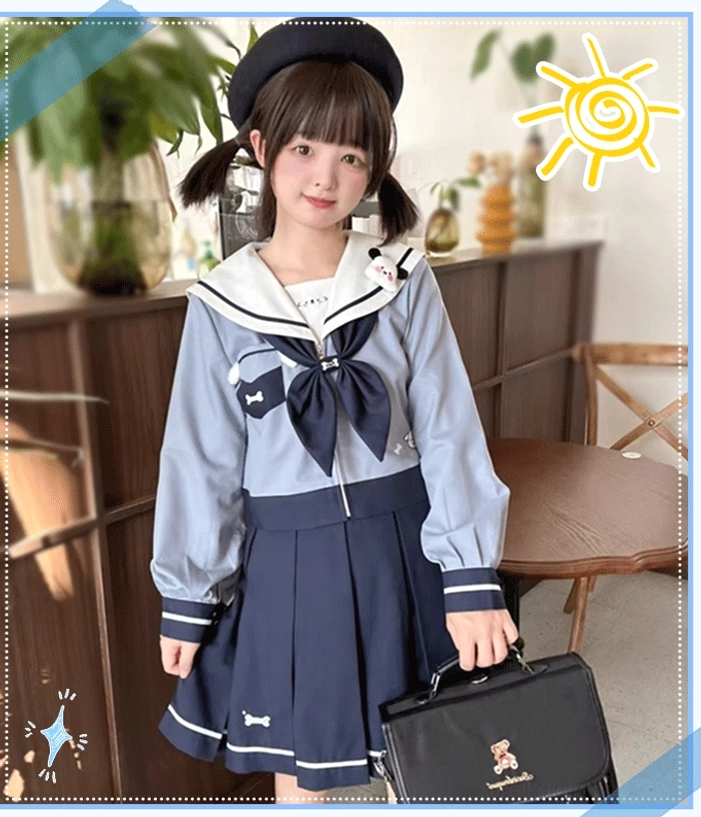 Puppy Jirai Kei sailor JK uniform blouse and skirt set full-body frontal view featuring bone embroidery puppy brooch and coordinating bow tie indoor cafe aesthetic twin-tailed girl