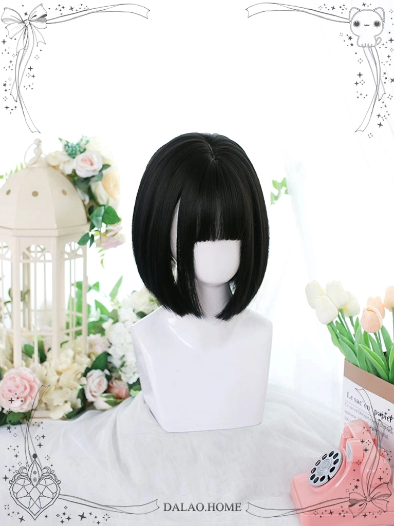 Pure black jirai kei short bob wig neat blunt bangs front view white mannequin classic styling