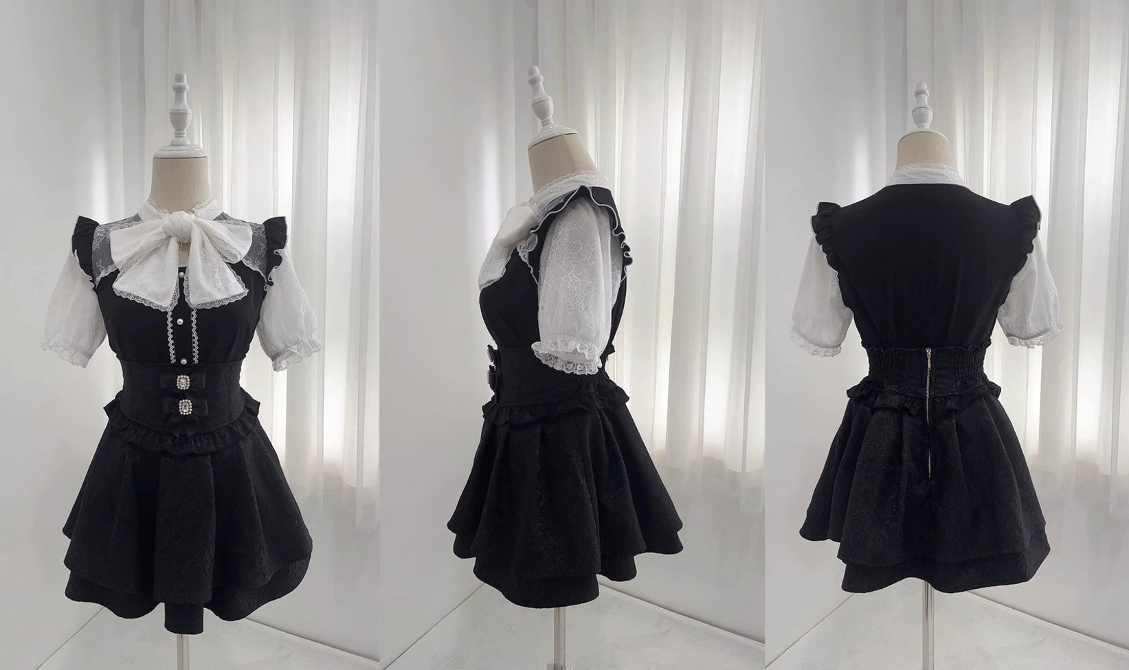 Pure black jirai kei lace bow blouse front standing view elegant evening coordinate sophisticated rebellion aesthetic