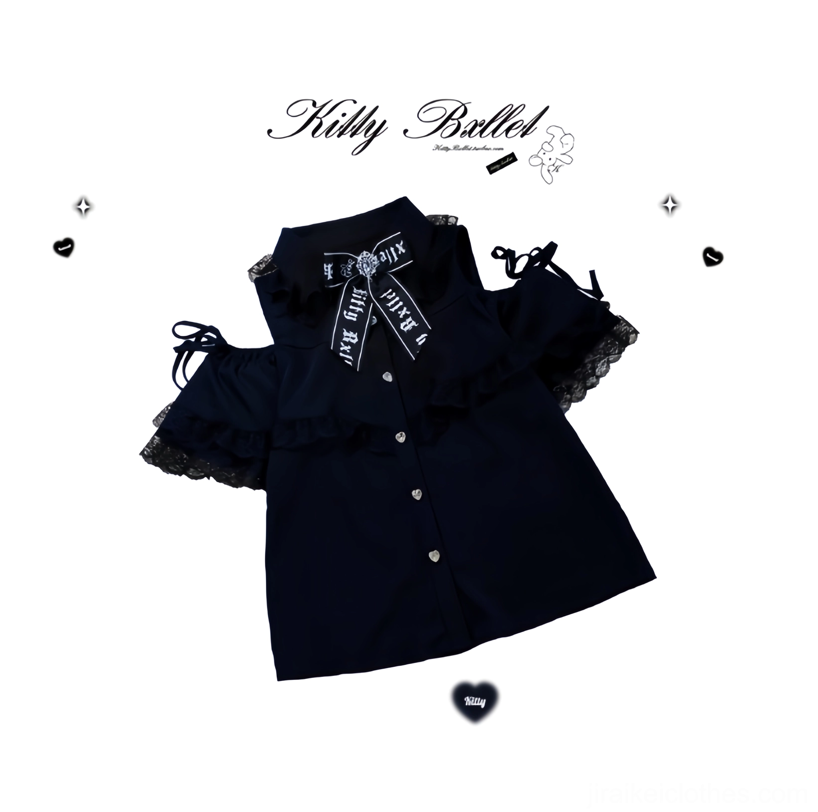 Pure black Jirai Kei lace off-shoulder blouse with heart buttons and adjustable straps premium quality display