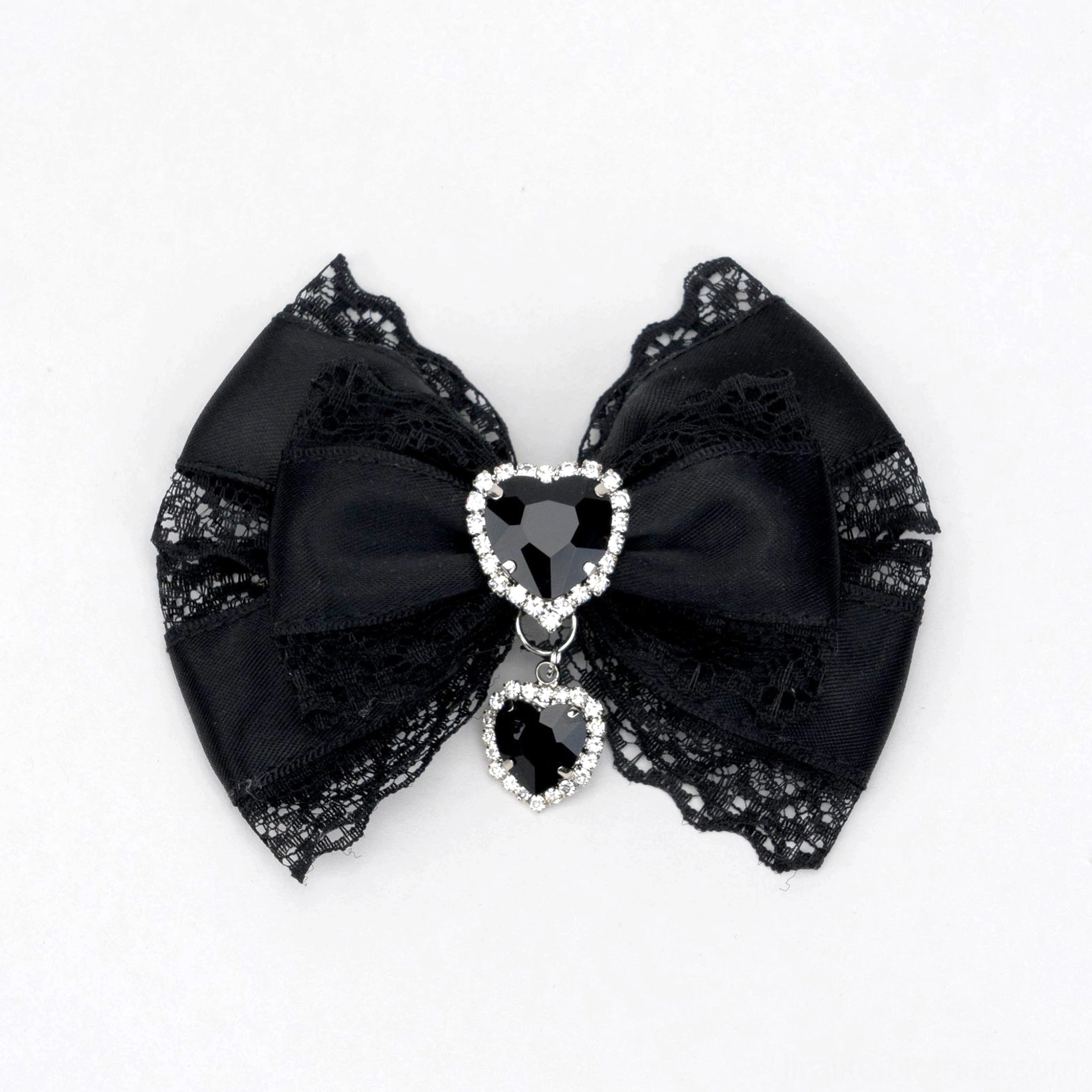 pure black jirai kei bow hair clip all-black satin with black lace silver heart rhinestone dangling pendant