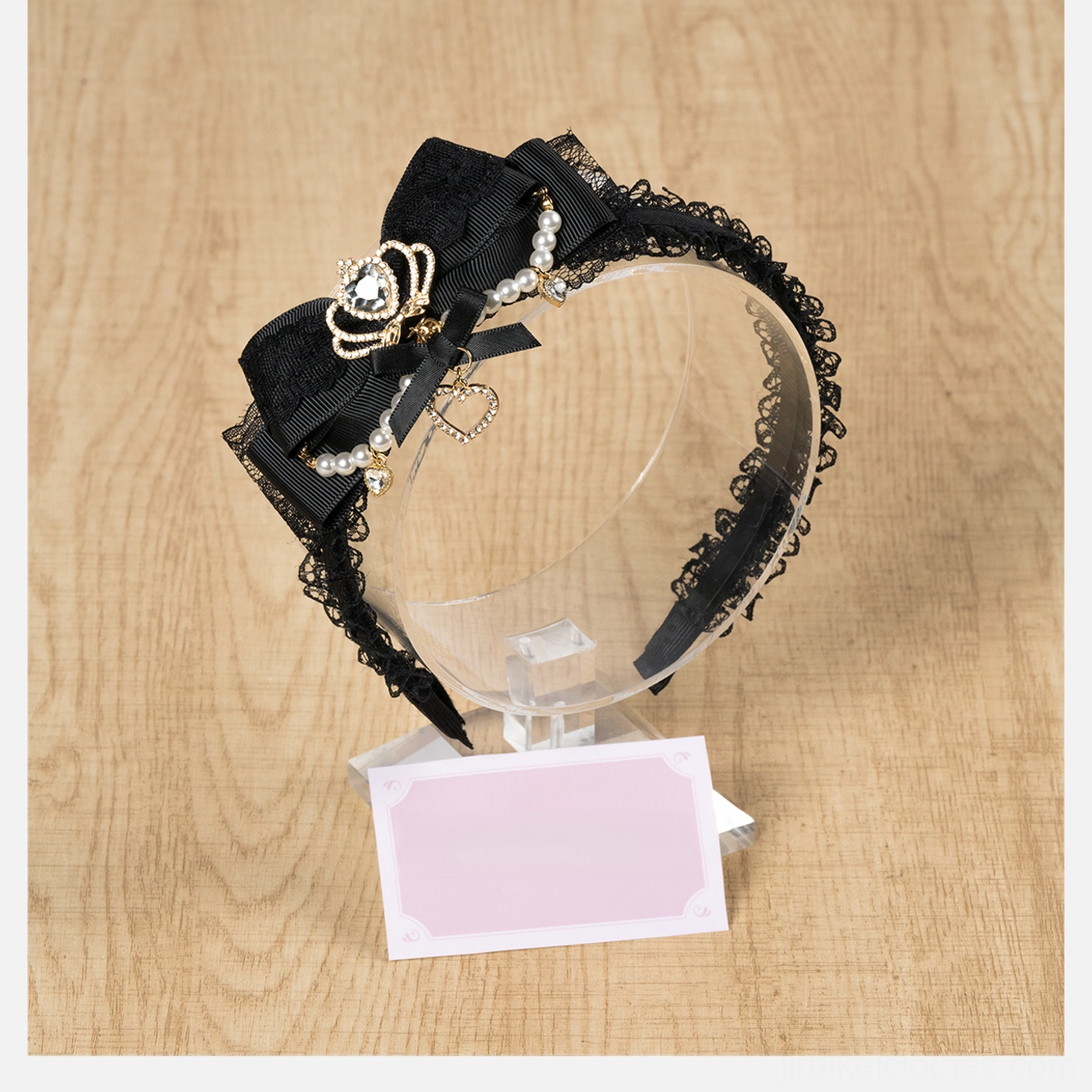 Pure black ryousangata lace bow headband front display dark aesthetic mysterious jirai kei rhinestone details