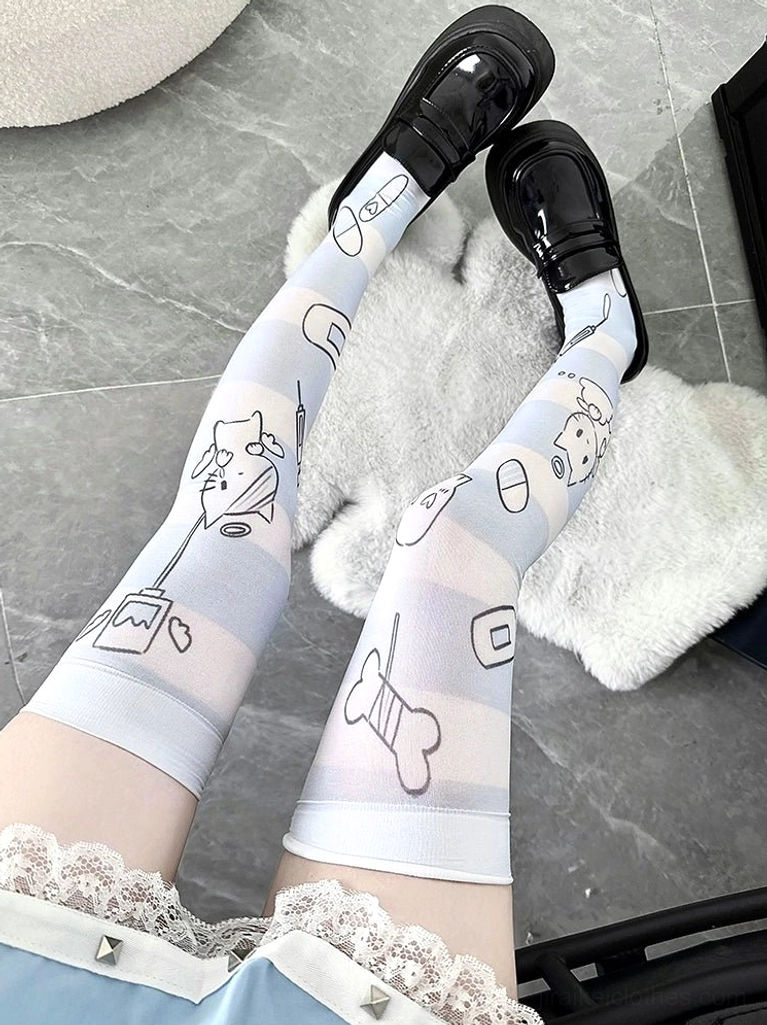 Pure white angel Tenshi Kaiwai over-the-knee velvet socks with cartoon angel motifs and lace detailing, full-length product view showcasing color option