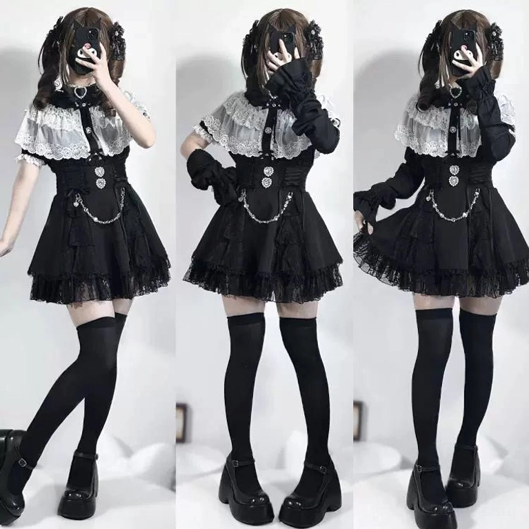 Pure white Jirai Kei blouse with layered lace cape worn with coordinating accessories in full outfit presentation
